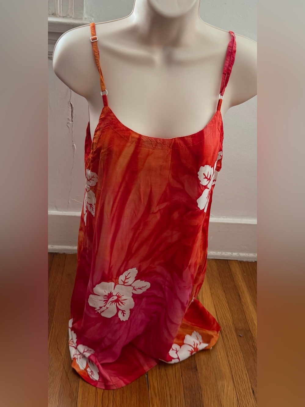 Island Imports Tropical Hibiscus Slip Dress - Red & Orange, size S handmade